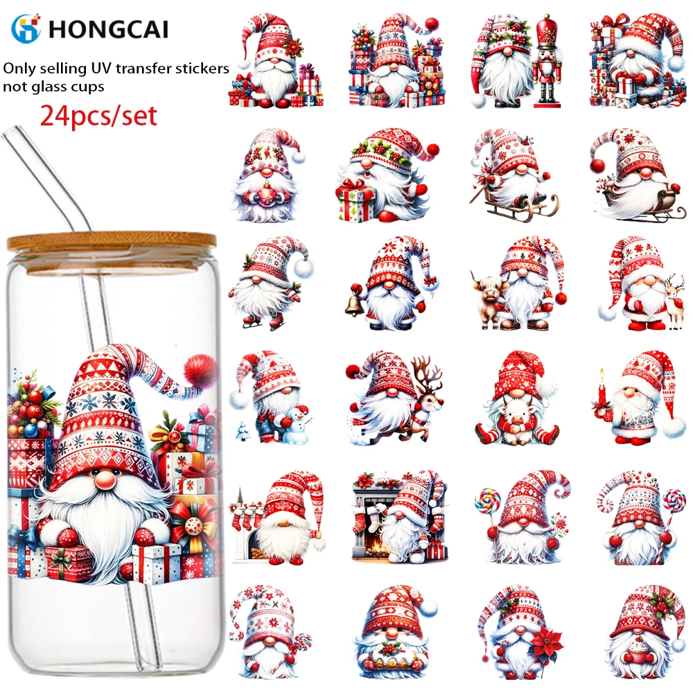 

Hongcai Brand 24-Piece Christmas Gnome UV DTF Heat Transfer 3D Transfer Stickers High Quality Glass Jars Mugs Other Containers