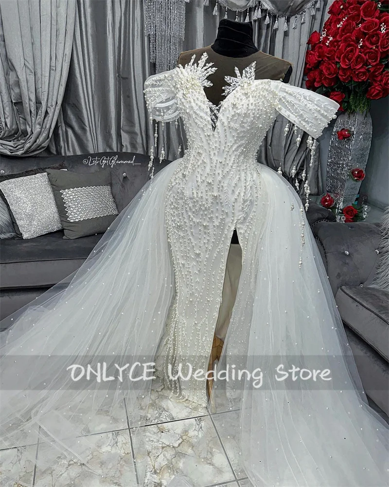 Luxury Mermaid Wedding Dresses Crystals Beaded Pearls Elegant Off Shoulder Bride Gowns Vestidos De Novia Detachable Train