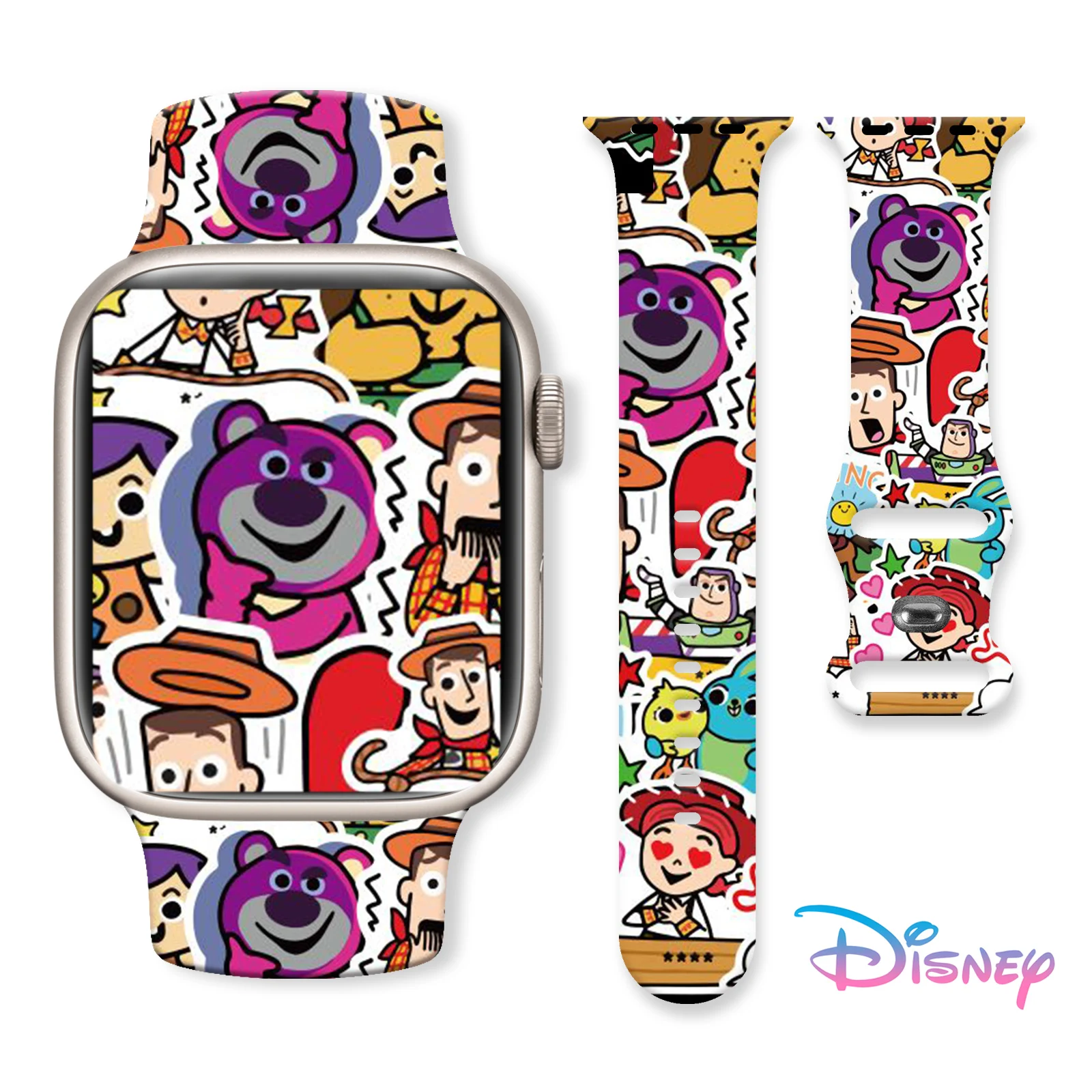 Pulseira impressa Disney Toy Story para Apple Watch, pulseira esportiva de silicone, pulseira substituível para iWatch, 9, 8, 7, SE, 45mm, 44mm, 42mm, 41mm