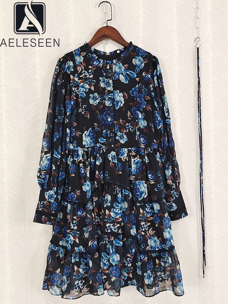 

AELESEEN Runway Fashion Mini Dress Women Spring Summer Flower Print Lantern Sleeve Ruffles Hollow Out Belt Casual Vacation Loose