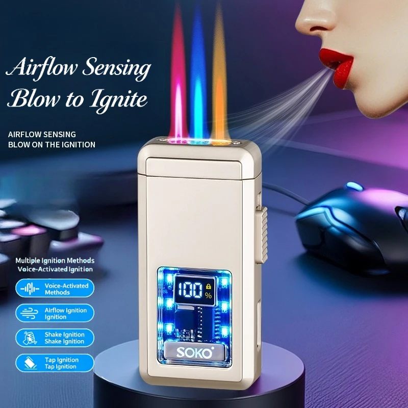 Smart Triple Flame Windproof Lighter, Voice & Gravity Sensor Ignition Gas Lighter, High-Tech Lighter with LED Power Indicator