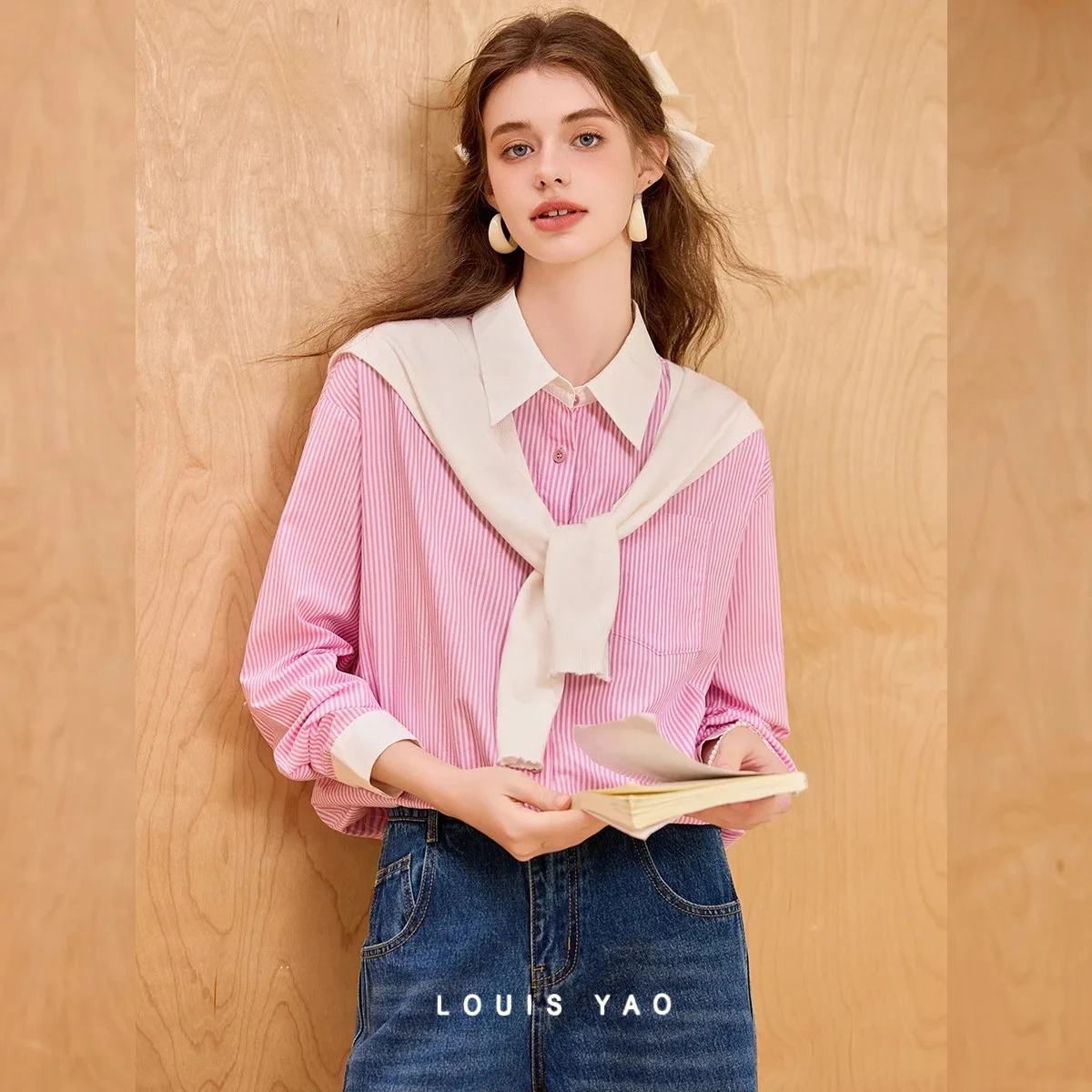 LOUIS YAO Women's Blouses 2026 Spring/Autumn Striped Long Sleeve Blouse Casual Office Lady Tops Detachable Shawl Collar Shirt