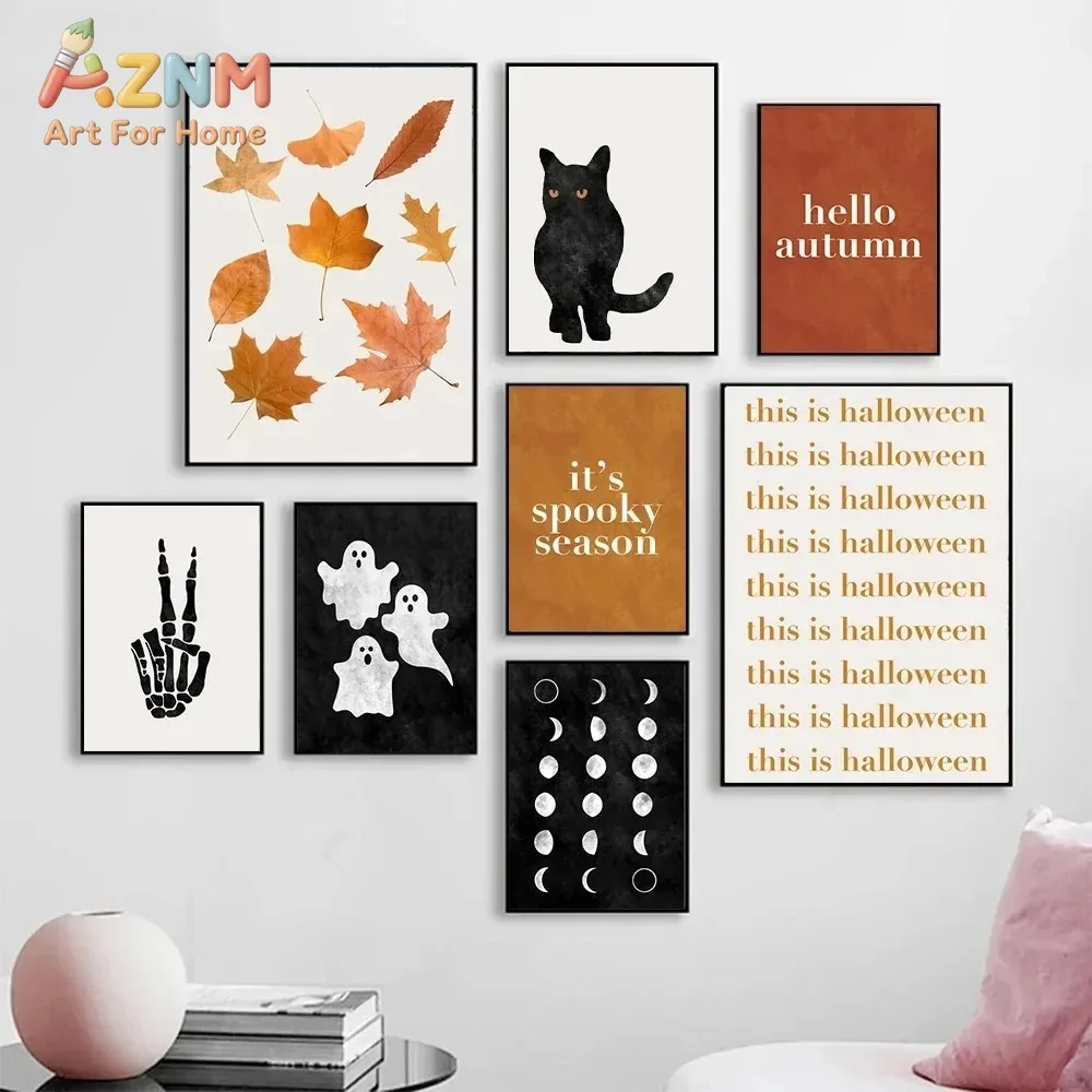 AZNM Autumn Maple Leaf Black Cat Skeleton Hand Spooky Season Canvas Wall Art, Minimalist Fall Halloween Frameless Canvas Print P