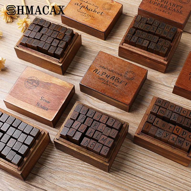 28Pcs Alphabet Stamps Vintage Wooden Rubber Letter Standard Stamp Set For Craft Card Making Planner Scrapbooking Journals