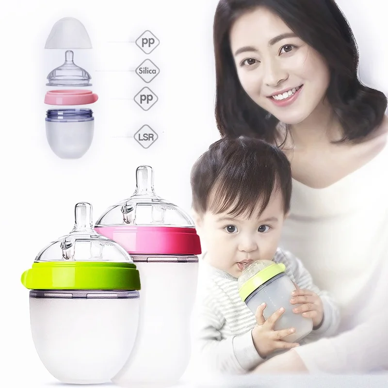 150ml/240ml hand designed silicone anti colic milk bottle, suitable for babies aged 0-36 months, free of bisphenol A