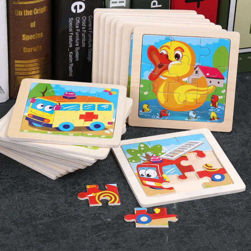 Rompecabezas de madera de 11x11cm para niños pequeños, juguete educativo Montessori de animales, vehículo de insectos, dibujos animados
