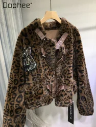 Heavy Industry Hot Diamond Fur Coat Short Thickened Warm Semi-turtleneck Leopard Print Long Sleeve Faux Fur Coats Women 2024