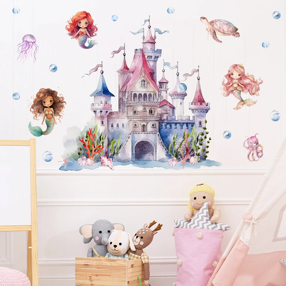 Mermaid Castle Underwater World Wall Stickers For Kids Rooms Children\'s Room Decorative Vinyls For Walls Cartoon Wall Stickers