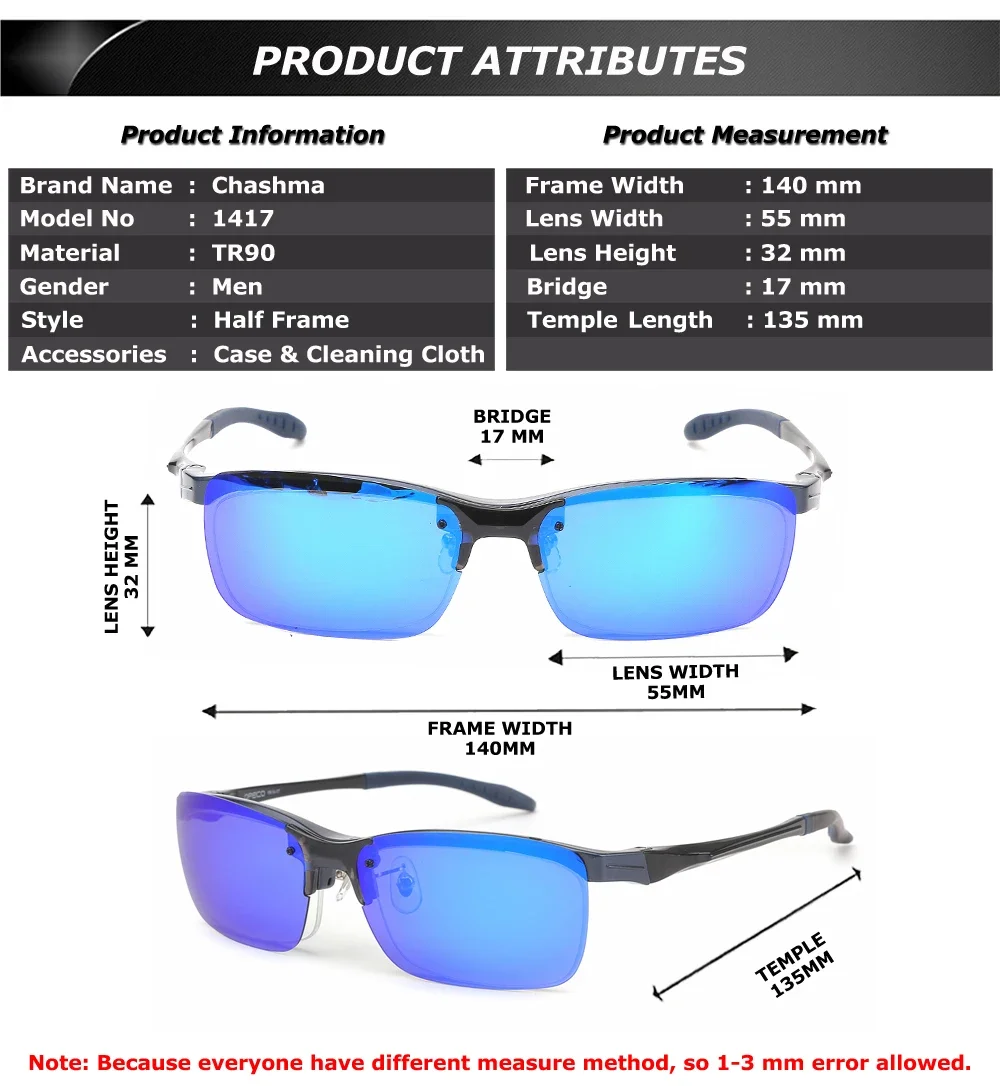 Chashma Brand Top Quality TR 90 Designer Eyewear Fashion Optical Eyeglasses Frames Sport Eyeglasses with Polarized Clips Lenses