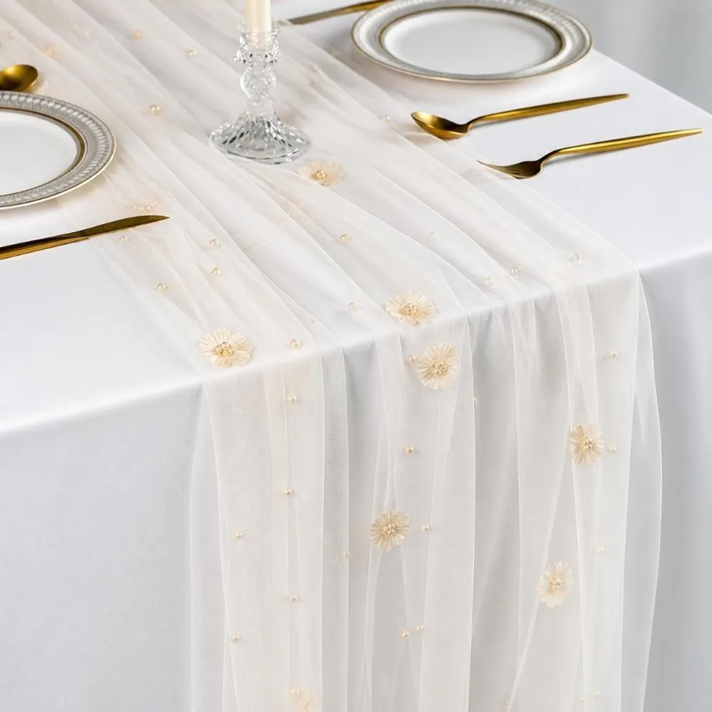 75*300CM Tulle Table Runner Romantic Semi-Transparent Lace Table Runner Polyester Vintage Sheer Table Cover For Table Decoration