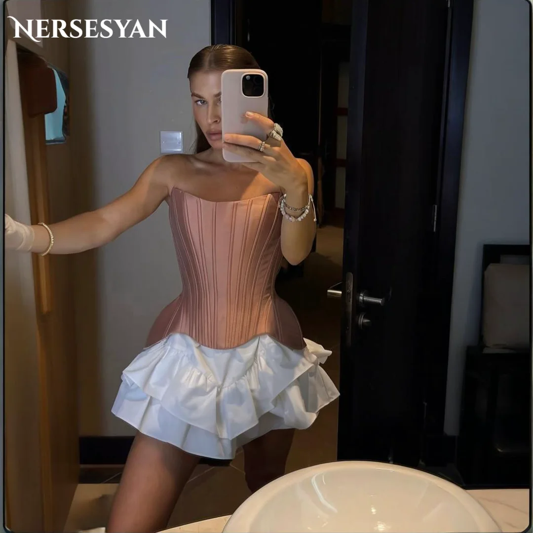 

Nersesyan Elegant Prom Dresses Off Shoulder Corset Satin Guest Mini Dress Ruffles Tiered Party Gowns платье женское Customized