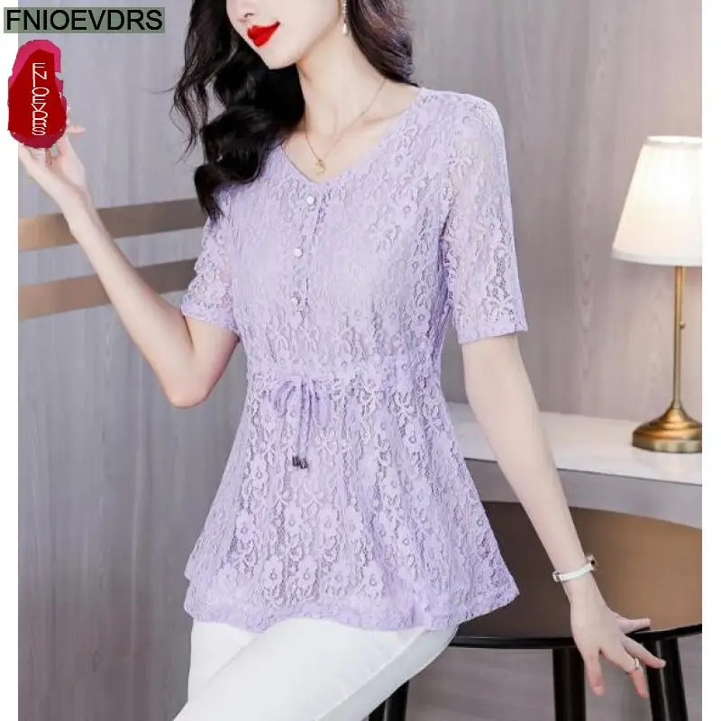 Hollow Out Black Lace Peplum Tops Blouses 2024 Summer Short Sleeve New Design Purple Red Drawstring Waist Office Lady Shirts