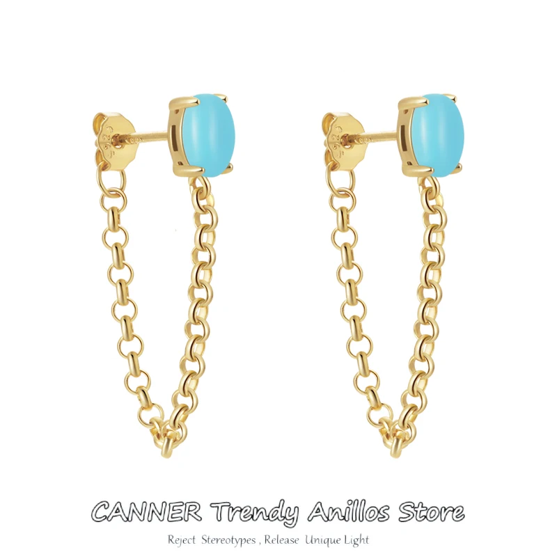 

CANNER 925 Sterling Silver Stud Earrings for Women Boho Jewelry Retro Turquoises Chains Dangles Studs Pendientes Mujer aretes