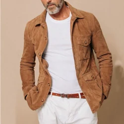 Veste de chasse en daim marron vintage pour hommes, veste à boutonnage simple, revers décontracté, design de mode mince, extérieur imbibé