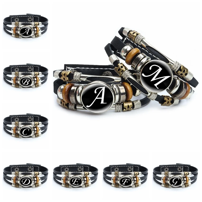 Artistic Letter A-Z Leather Bracelet 26 Initial Letters Cabochon Glass Adjustable Snap Bracelet Women Men Trendy Accessory Gift