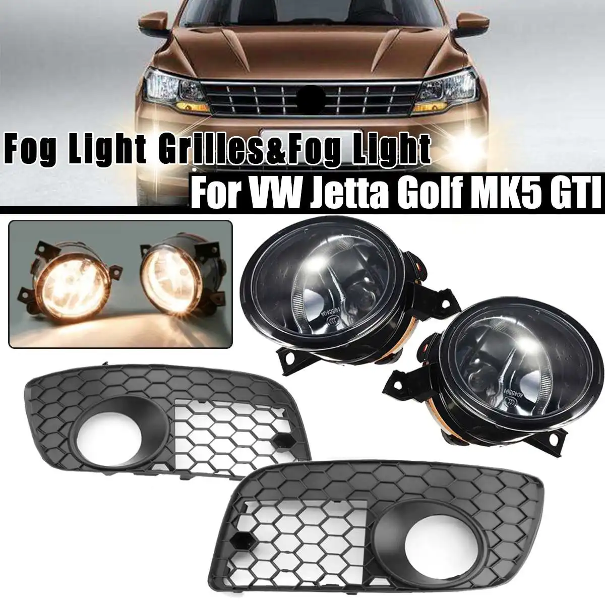 New Car Honeycomb Hex Mesh Fog Light Open Vent Grilles+Fog Light With H11 Bulbs For VW For Jetta MK5 GTI 2006-2009 L1KD941699