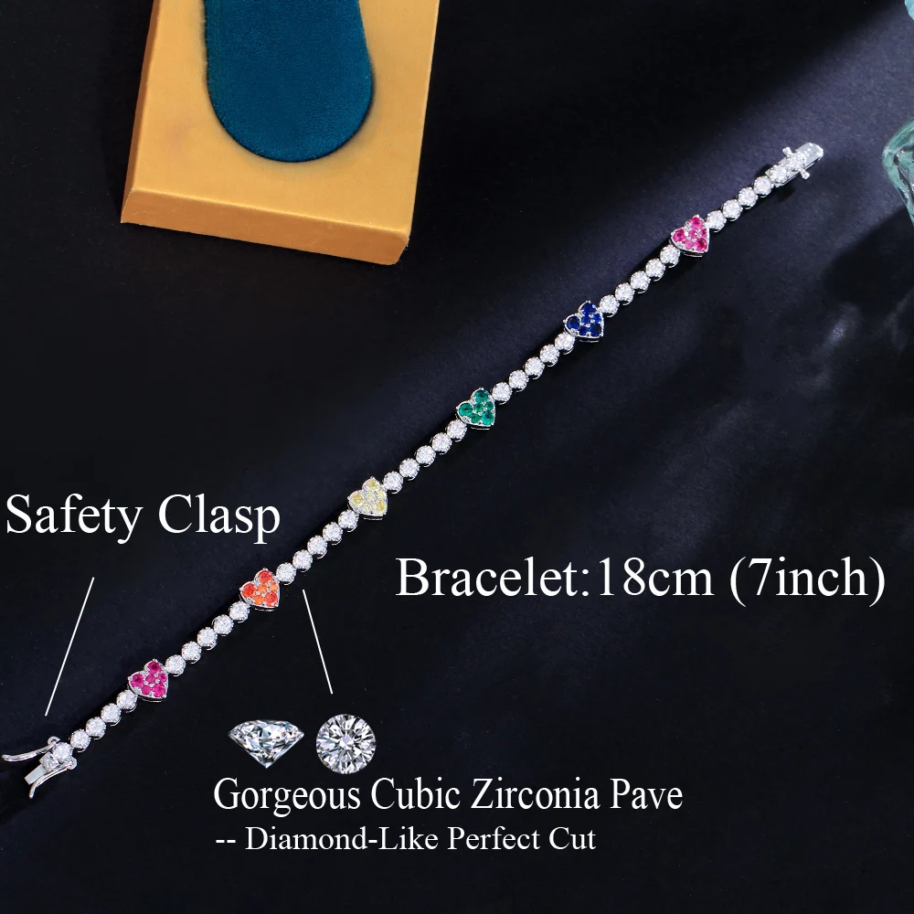 ThreeGraces Elegant Multicolor Love Heart Shape Shiny Cubic Zirconia Link Chain Bracelet for Women Bridal Party Jewelry BR371