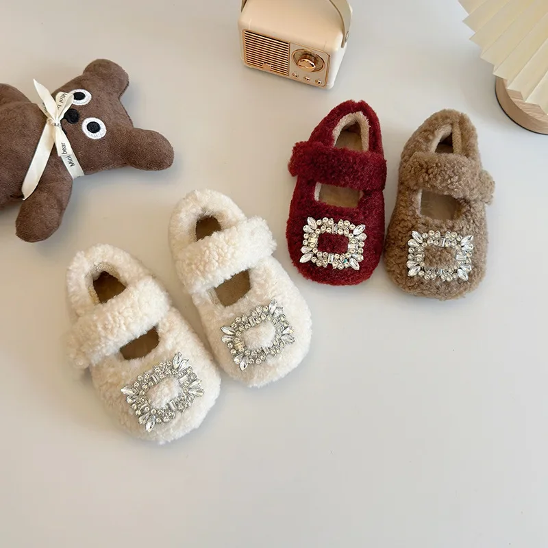 Girls' Rhinestone Fluffy Shoes 2024 Winter New Children's Korean Version of Velvet Princess Warm Baby Cotton Shoes