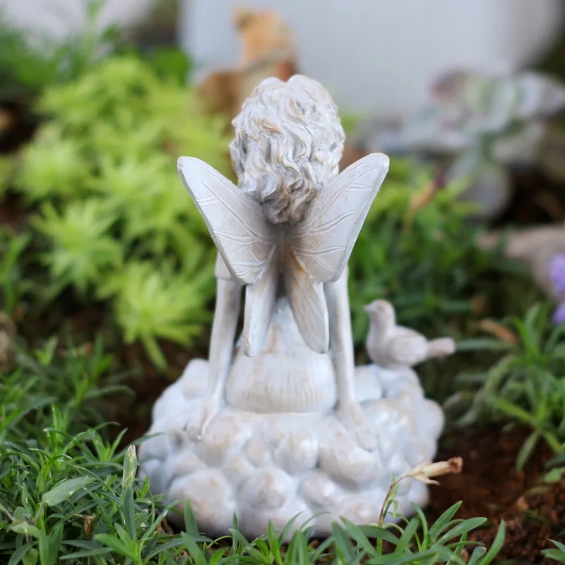 Resin Cement Color Flower Fairy Girl Sculpture Ornaments Outdoor Courtyard Balcony Lawn Micro Landscape Statue Garden Decoration