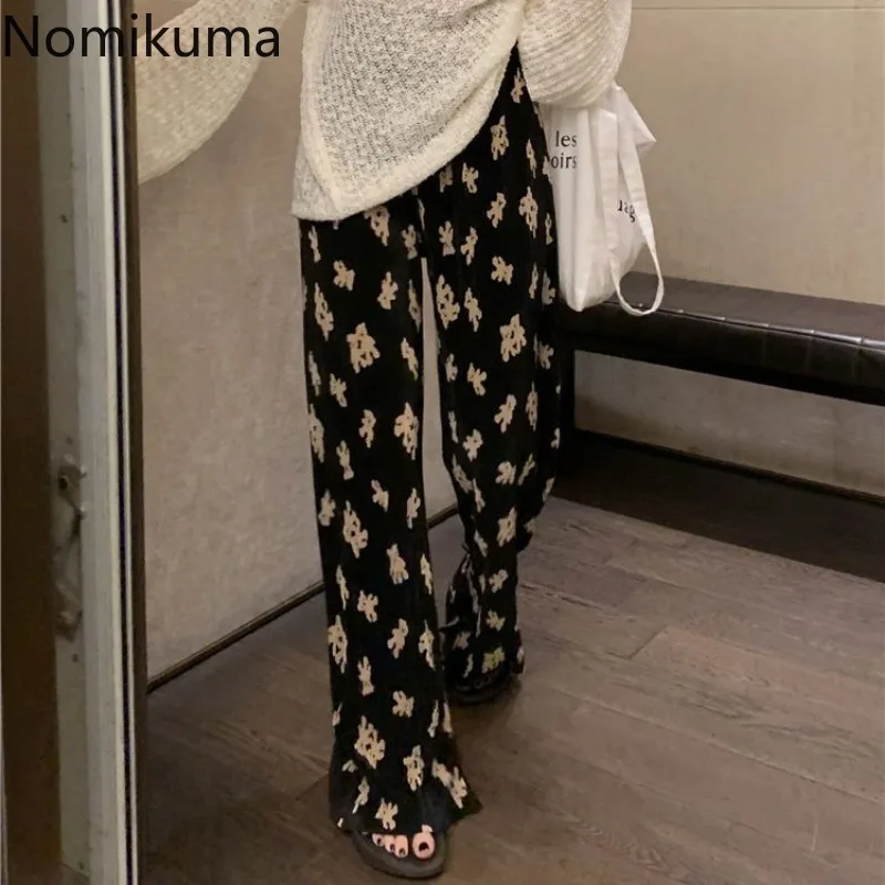 2024 nowe spodnie modne spodnie Streetwear swobodne rozcięcie szerokie nogawki Y2k dla kobiet nadruk niedźwiedzia letnie Pantalon Femme 27 u470