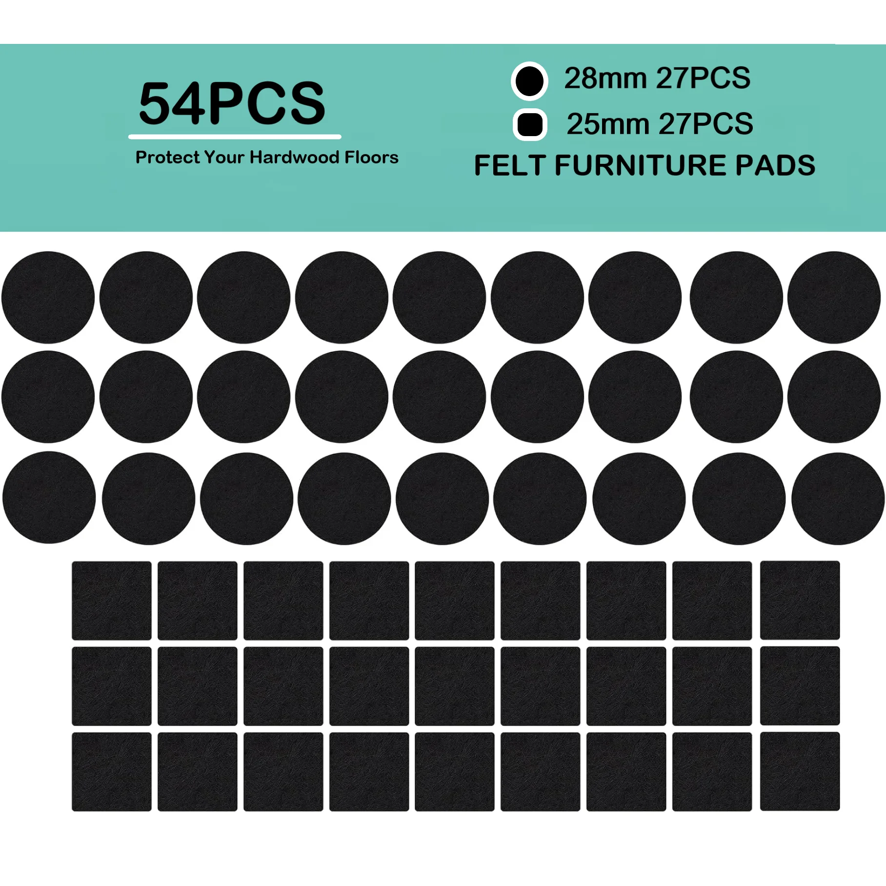 Pack of 54 Self-Adhesive Black Felt Pads for Chairs Furniture Protection 3mm Thick Non-Slip Floor Pads
