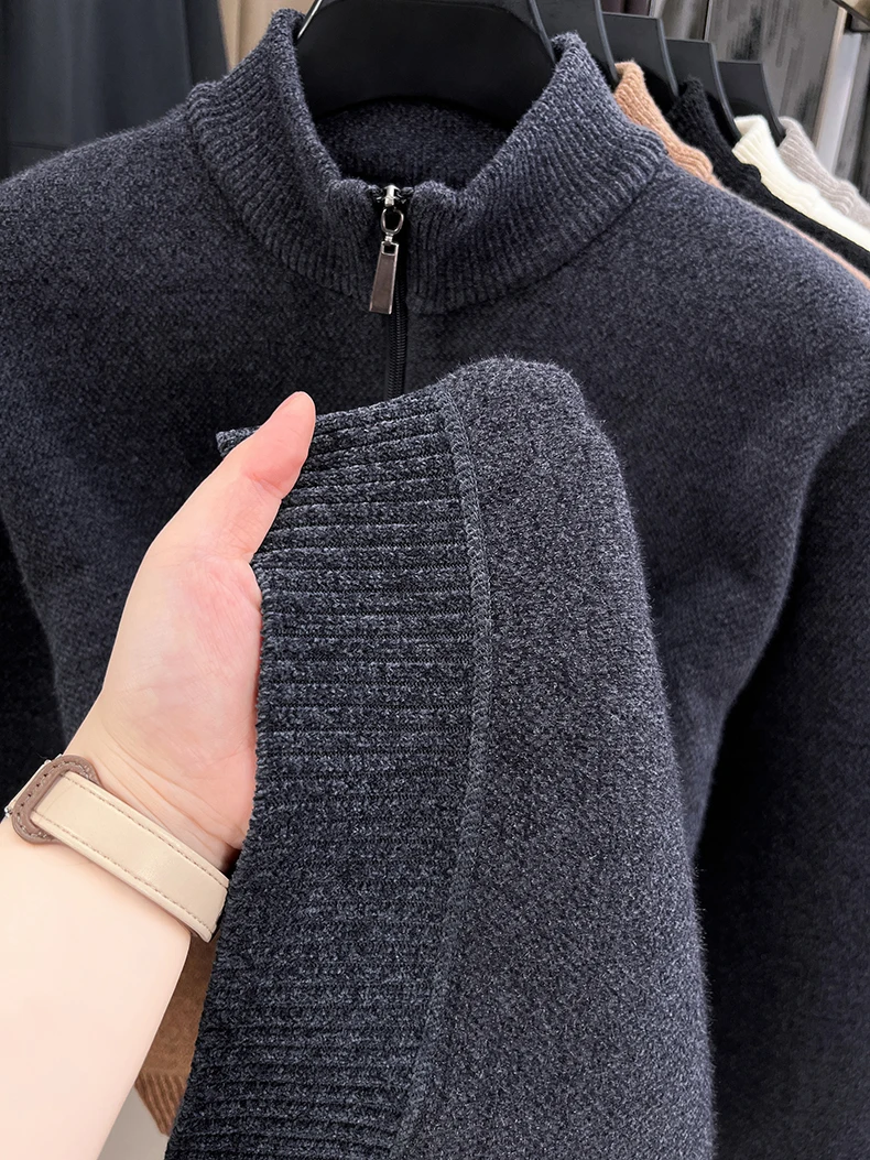 High-End-Markenpullover mit Reißverschluss und Stehkragen für Herren lässige Mode klassische Paul-Stickerei Winter neuer warmer Strickpullover aus Plüsch – Detail 21