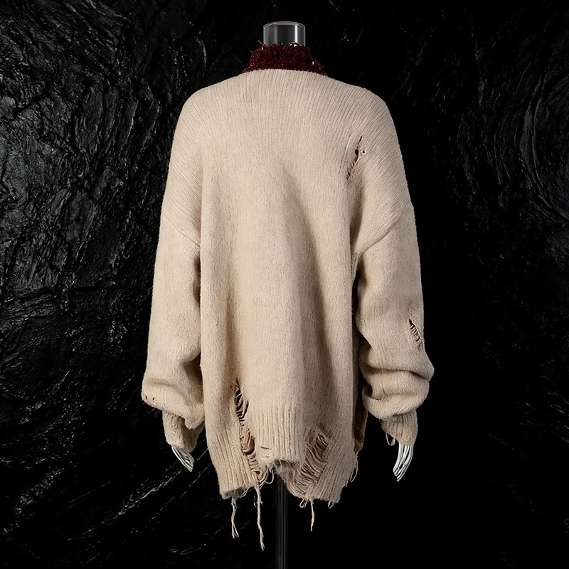 EAEOVNI Vintage Hollow Out Knitted Cardigan Women Fashion V Neck Contrast Color Streetwear Loose Sweater Coat Autumn Winter New