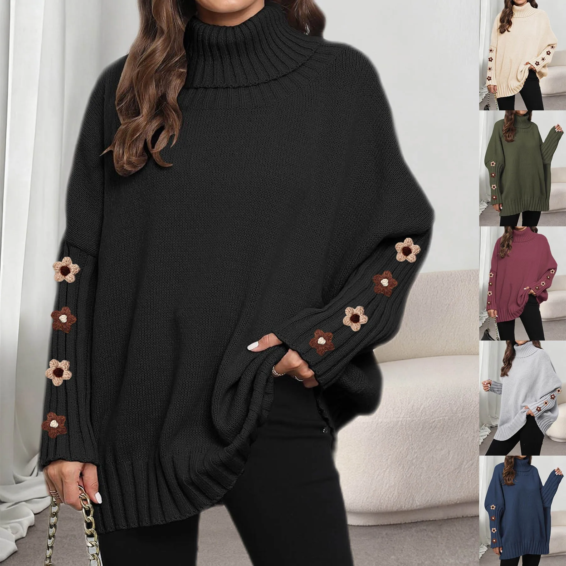 

Женский вязаный пуловер большого размера, свитер Street Sle, однотонный, с высоким воротником, свободный плетеный топ, женский модный свитер свободного покроя