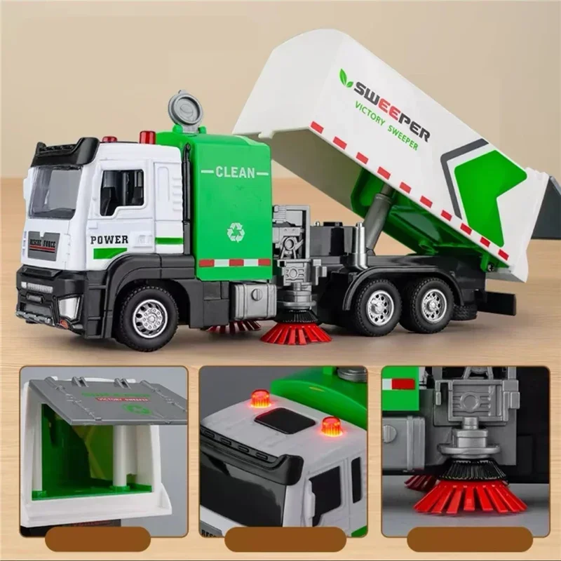 1:32 Stad Milieu Sanitaire Voorzieningen Sweeper Truck Legering Auto Model Metaal Diecast Pull Back Voertuig Geluid Licht Kinderen Speelgoed Jongens