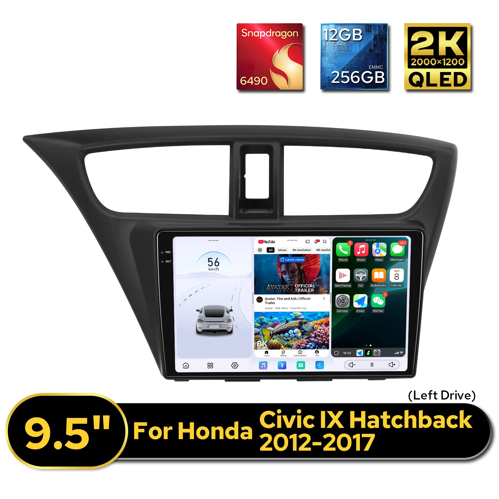For Honda Civic Hatchback 2012 2013 2014 2015 2016 2017 Android Car Stereo 9.5 Inch 2K QLED 12GB 256GB Multimedia Player