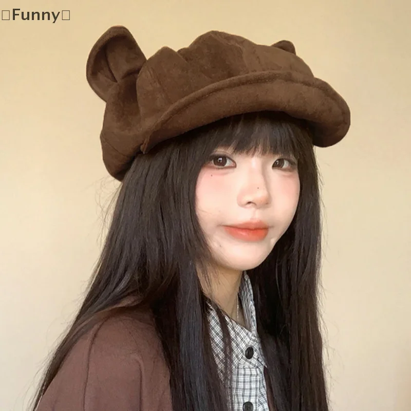 DapatFunny OrganiKorean rétro oreille de chat béret octogonal pour les femmes automne et hiver brossé et chaud