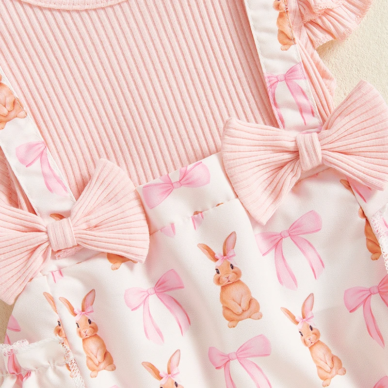 Baby Girl Easter Outfit Bunny Print Fake Two-Piece Fly Sleeve Romper Bow Headband 2 Piece Spring Baby Bodysuits Set