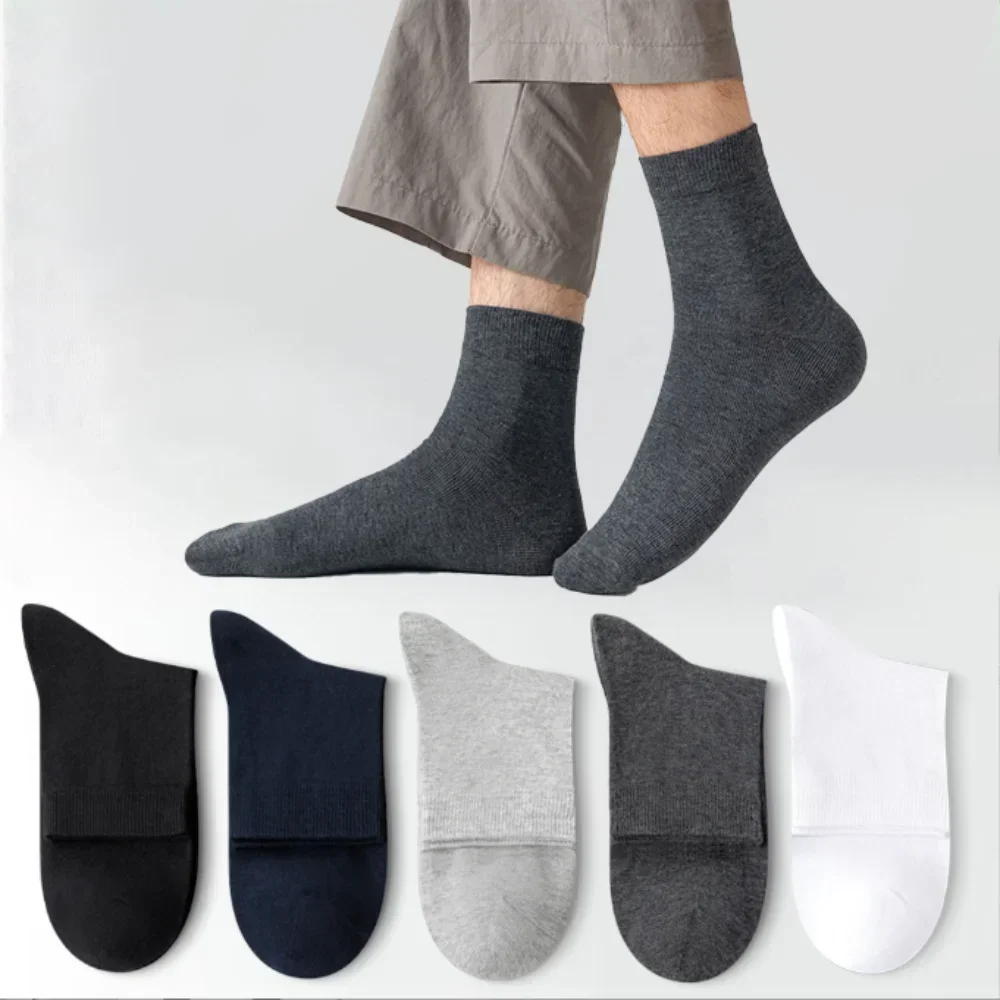 5 Pair Men's 98% Pure Cotton Socks Anti-bacterial Soft Business Breathable Casual Dress Long Socks For Male Winter Summer Black