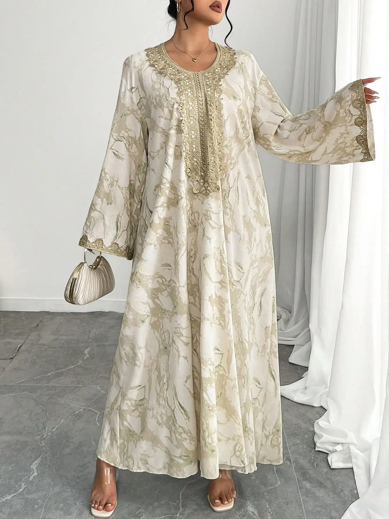 

Elegant Bell Sleeve Turkish Arabian Maxi Dress Modest Kaftan