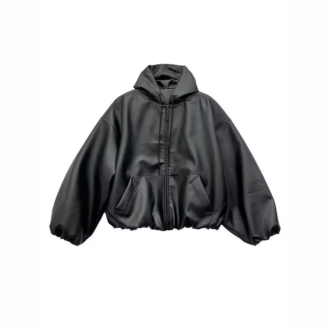 

American Retro Short Hooded Jackets for Men Autumn Winter Fashion High Street Loose PU Leather Jacket Motorcycle Jacket