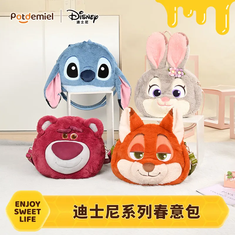 In Stock Original Potdemiel Disney Stitch Plush Face Handbag Dual Use Crossbody Shoulder Bag Large Capacity Cute Cartoon Bag Col