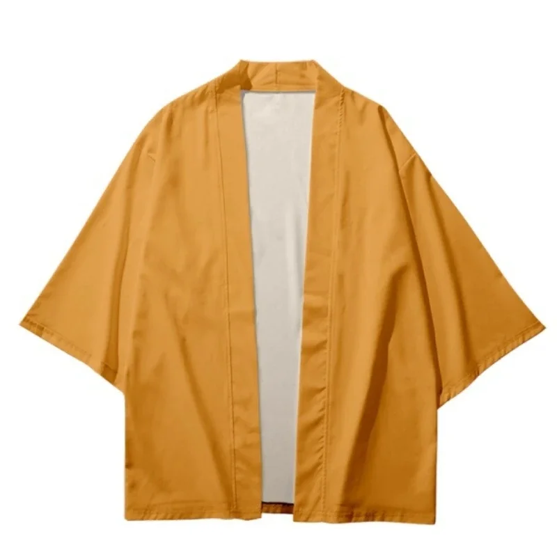 Cardigan Orange Yellow Beach Yukata Japanese Traditional Solid Color Kimono Cosplay Samurai Haori Obi Women Men Asian Clothing