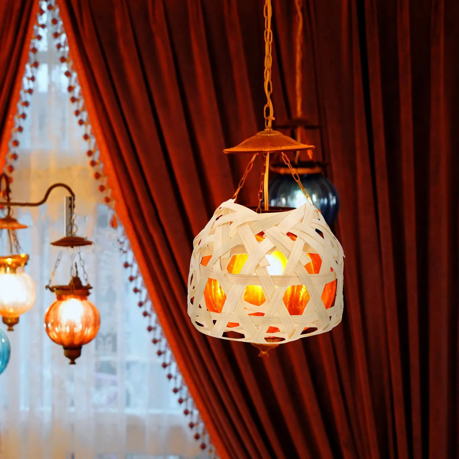 4Pcs Rustic Woven Bamboo Lampshade Pendant Light Shade for Living Room Bedroom Hotel Decor Warm Ambience Lightweight
