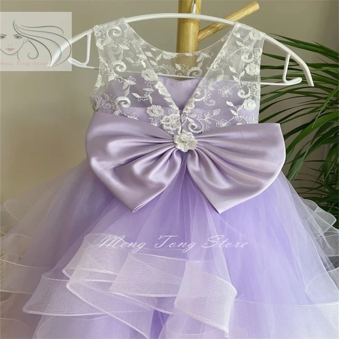 Flower Girl Dresses Purple Tulle Tiered White Flory Pattern With Bow Sleeveless For Wedding Birthday Party First Communion Gown