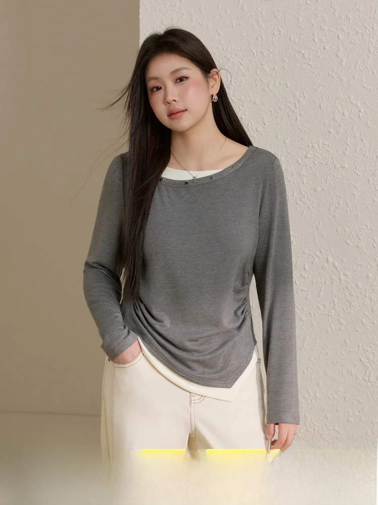 

Корейский мягкий трикотажный джемпер асимметричного кроя больших размеров для женщин, имитация двухслойности, весенняя новинка, приталенный крой, для повседневной носки, L...