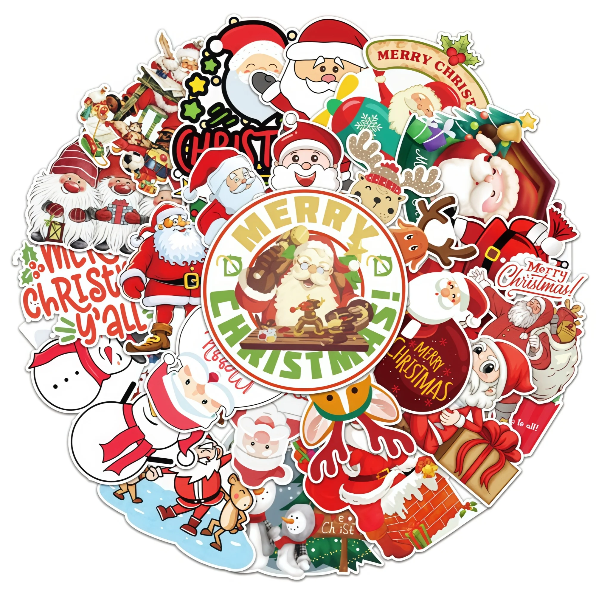 50Pcs Christmas Santa Claus Cartoon Stickers, Kawaii Xmas Snowman Elk Decal for Kids Toy Laptop Diary Scrapbook Graffiti Decorat