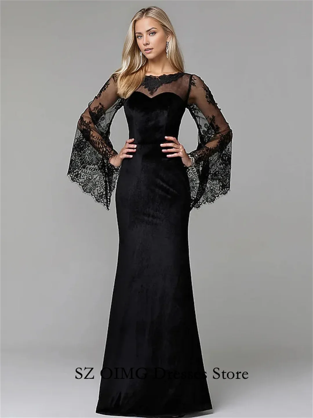 OIMG New Design Fitted Classic Prom Dresses Black Dress with Lace Bell Sleeves Vintage Women Evening Gowns Formal Party Dress