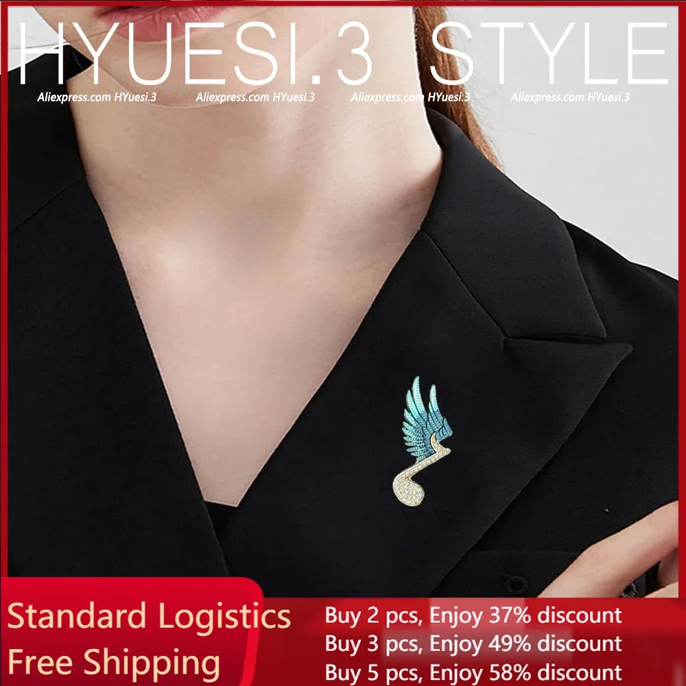 Fashion Crystal Musical Note Wing Brooch Pin Gold Color Rhinestone Lapel Badge Pin Women Dress Coat Accessories Birthday Gifts