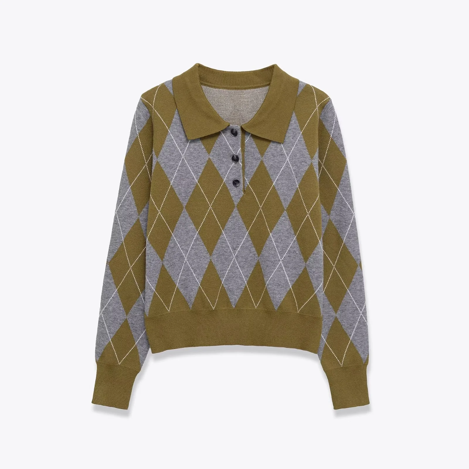 2025 Winter New Women's Casual Fashionable Simple Elegant Polo Collar Long Sleeve Diamond Pattern Knit Top