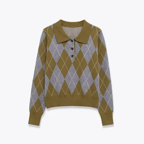 2025 Winter New Women's Casual Fashionable Simple Elegant Polo Collar Long Sleeve Diamond Pattern Knit Top