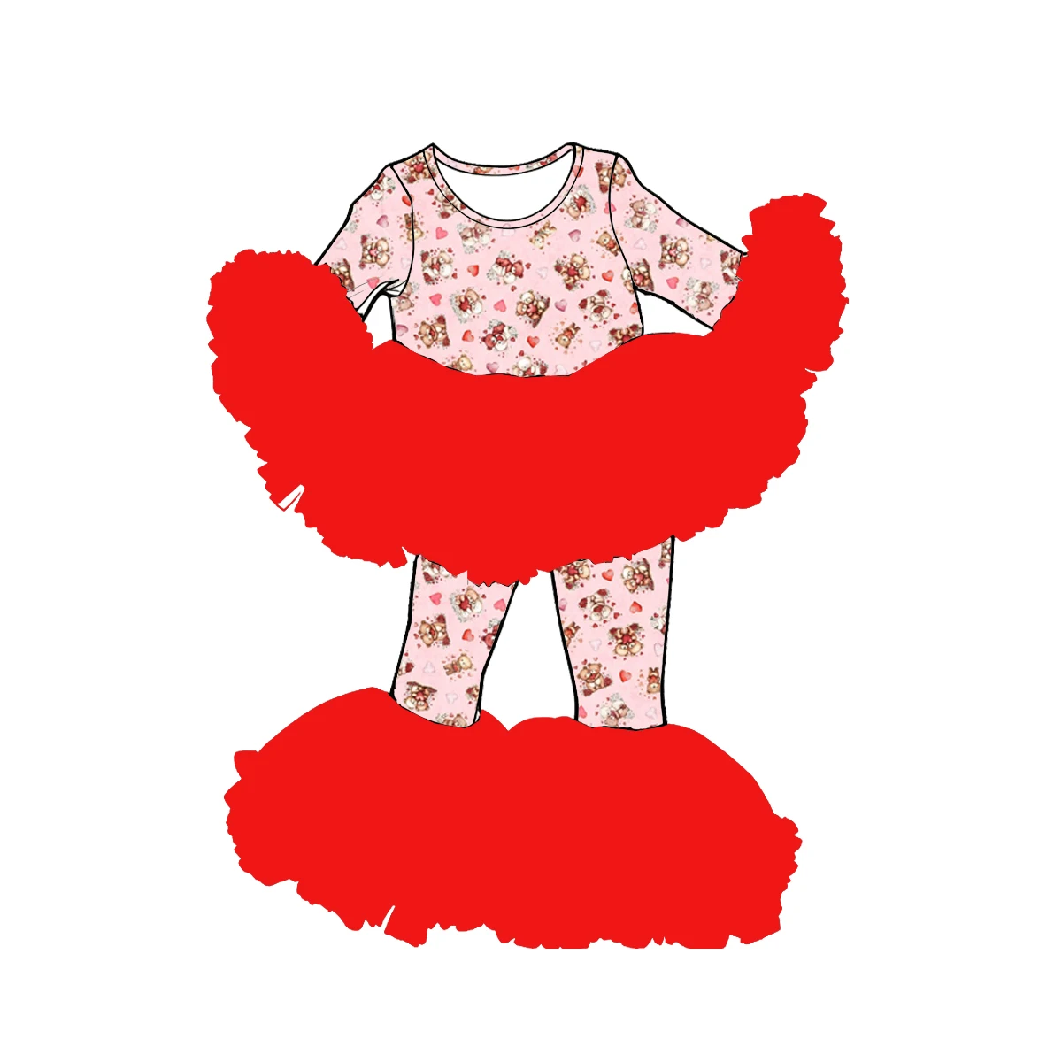 

Hot-selling Girl Red Tutu Outfit Ruffled Mesh Bell Pants Love Words Floral Print Long Sleeve Children Valentine's Day Clothing