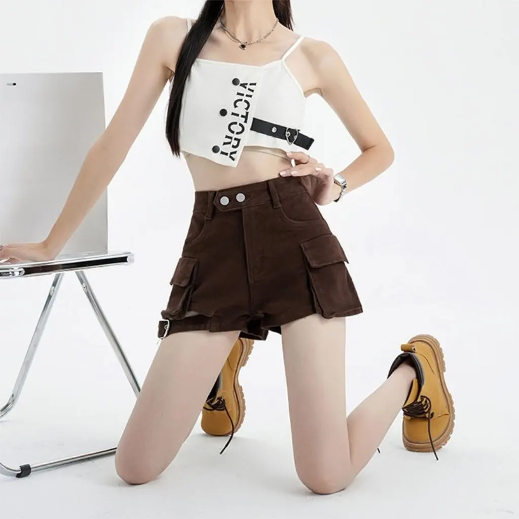 

Women's Brown Strappy Denim Cargo Shorts Trendy Slimming Hot Pants for Spring Sexy Ins Style Hot Girl Fashion