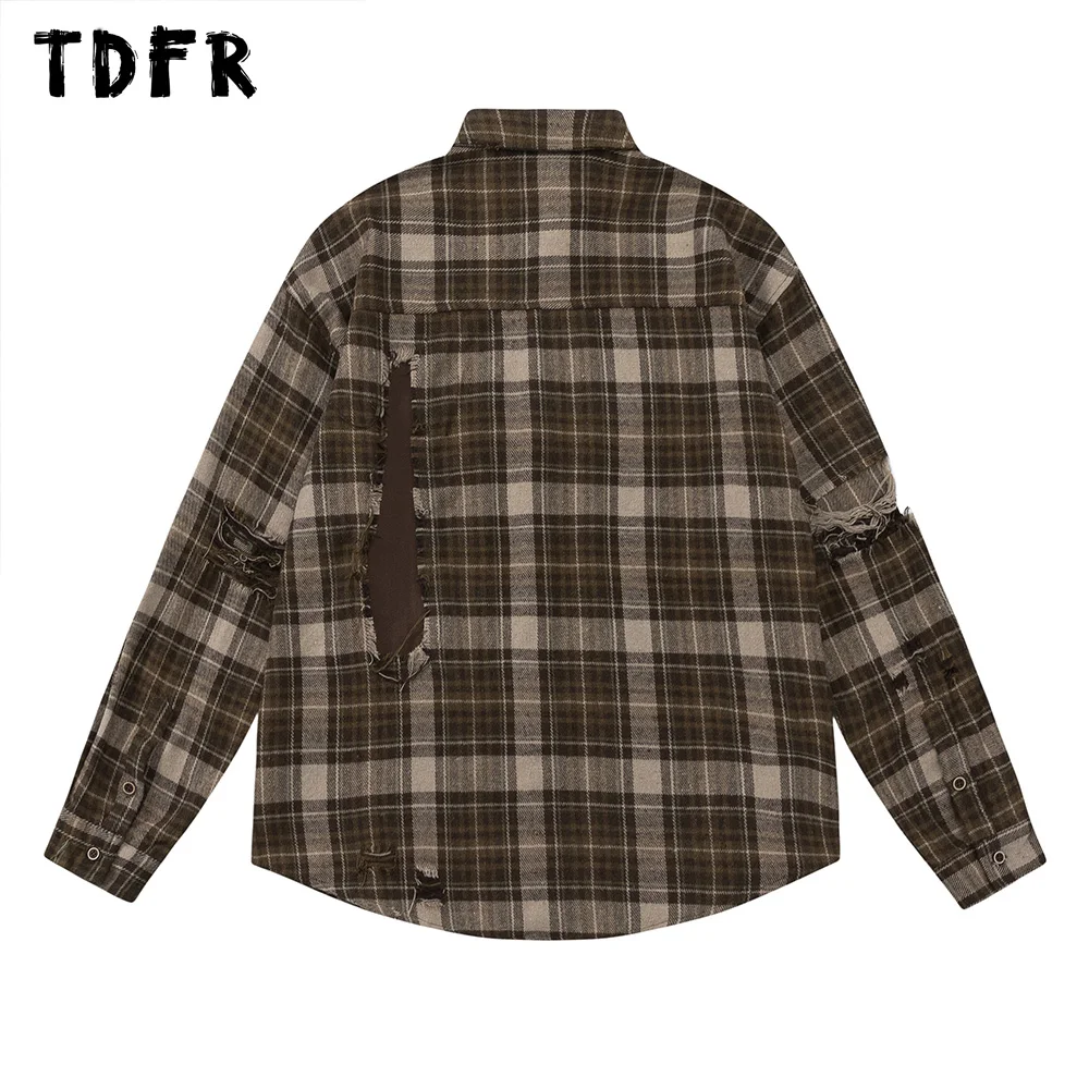 Ripped Patchwork Plaid Shirt Mens Retro Casual Loose Lapel Single Breasted Long Sleeve Pocket Shirts Men