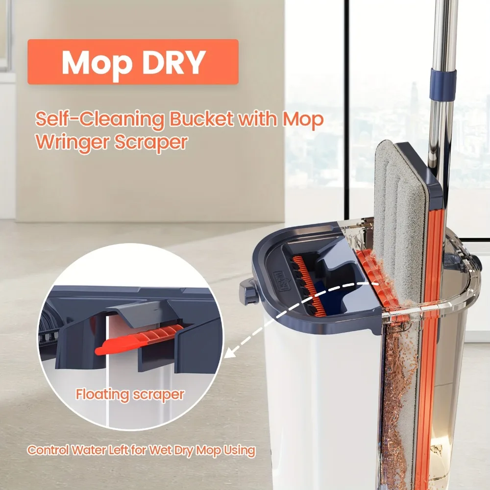 Lazy Home Mop Bucket with Press Set Dry and Wet Separate Hand Free Flat Mop Bucket and 2 Reusable Mop Cloths