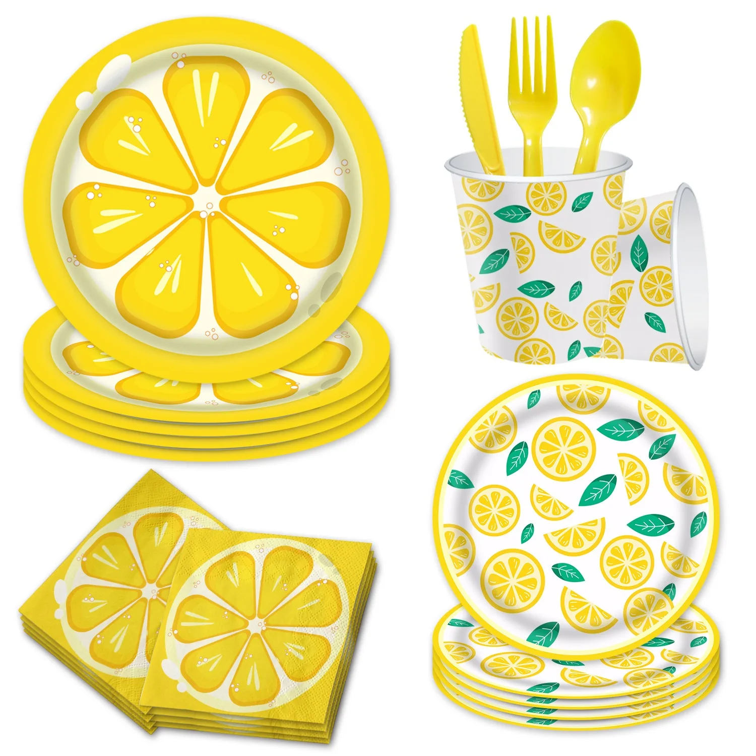 Vajilla desechable con tema de limón para niños y niñas, platos de fruta de limón, tazas, decoración de fiesta de cumpleaños, 8 invitados